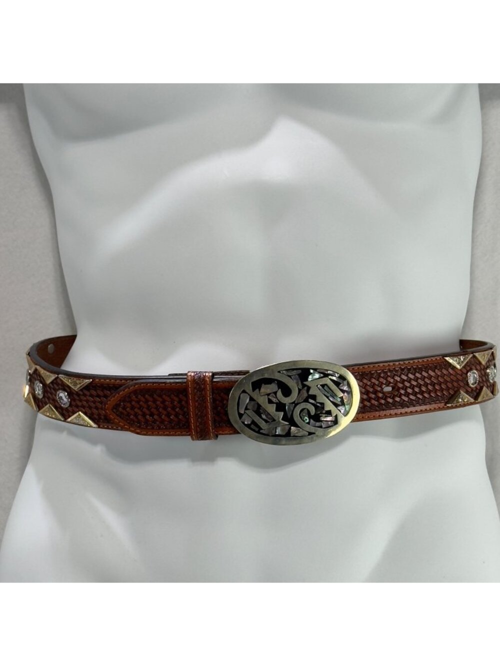 DDD 3D Handtooled Leather Belt Abalone Inlay Buckle &  Rhinestones Size 30 Brown
